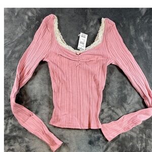 Tillys Pink Ribbed Lace Trim Square Neck Long Sleeve Top XS